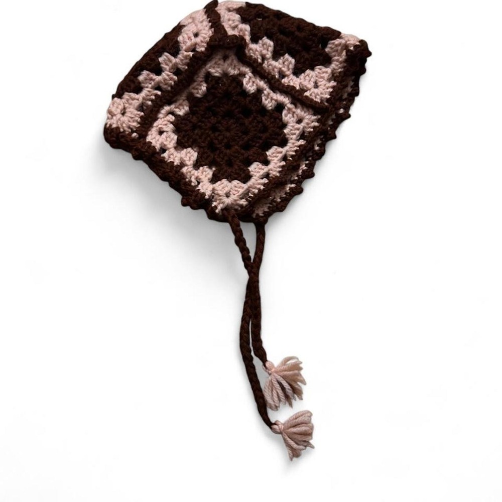Crochet Bonnet Prairie Brown Pink Granny Square Tassel Tie 70s Boho Cottagecore